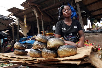 A woman sells smoked fish at a market in San Pedro, Côte d'Ivoire. UN Photo / Ky Chung