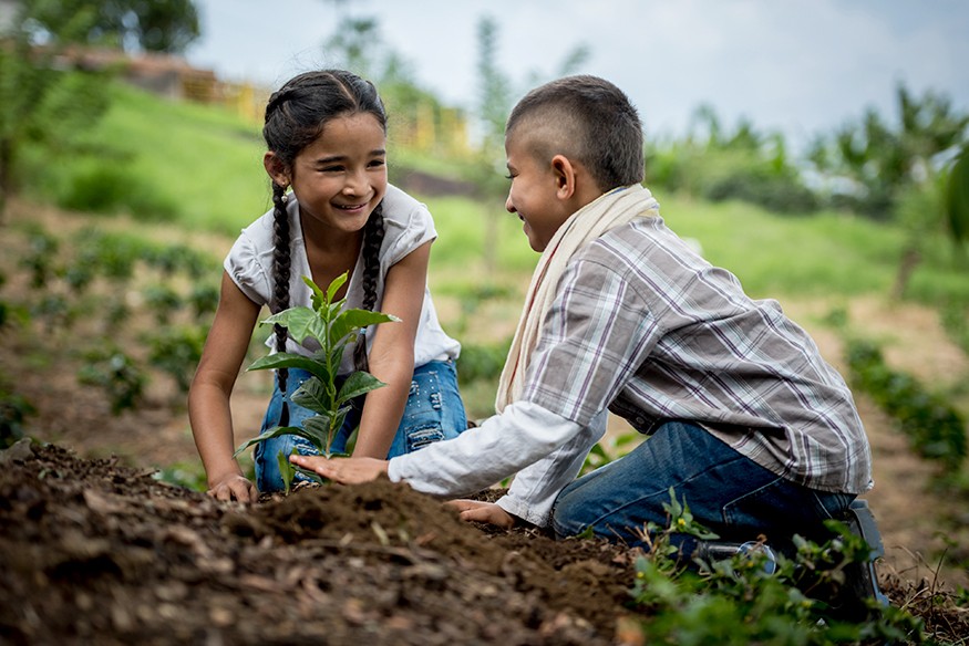 Children planting a tree on their farm. iStock