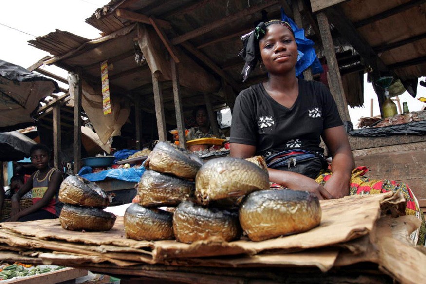 A woman sells smoked fish at a market in San Pedro, Côte d'Ivoire. UN Photo / Ky Chung